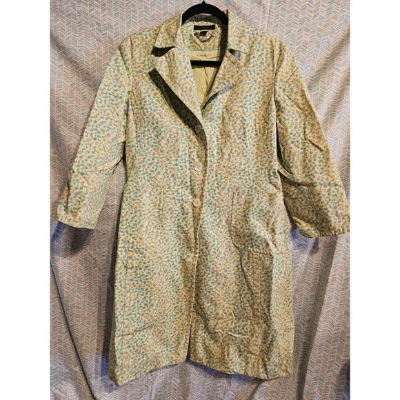 VTG 90s Express Womens Light Green Blue Floral Print Long Trench Coat Size Large - Picture 1 of 8